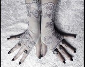 Simone Lace Fingerless Gloves - Brown & White Floral Rose Embroidered - Gothic Vampire Regency Tribal Goth Austen Ivory Fetish Tea Bridal