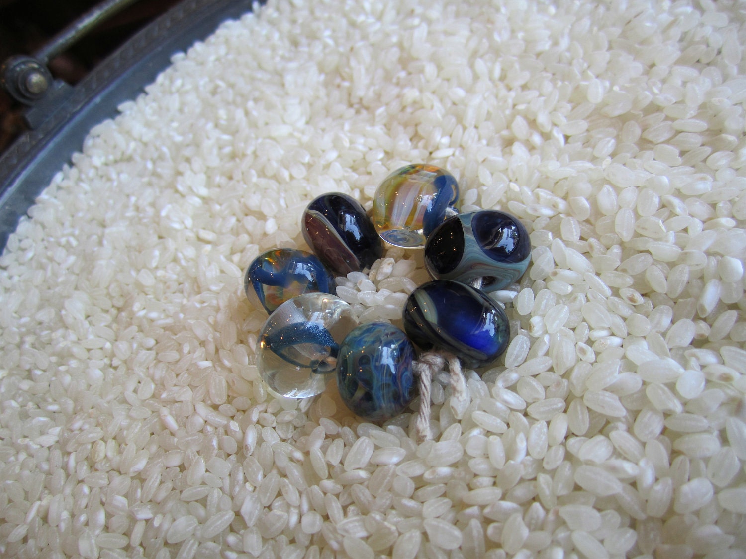 Handmade Boro Lampwork Glass Beads, Destash, Artist/Designer Collection in Blues, Set of 7 (set 004)
