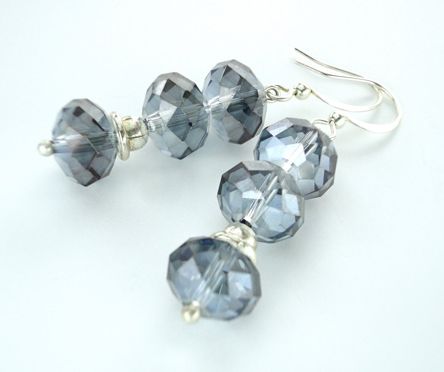 Rain Blue Grey AB Fire Polished Glass Silver Earrings - One of a Kind