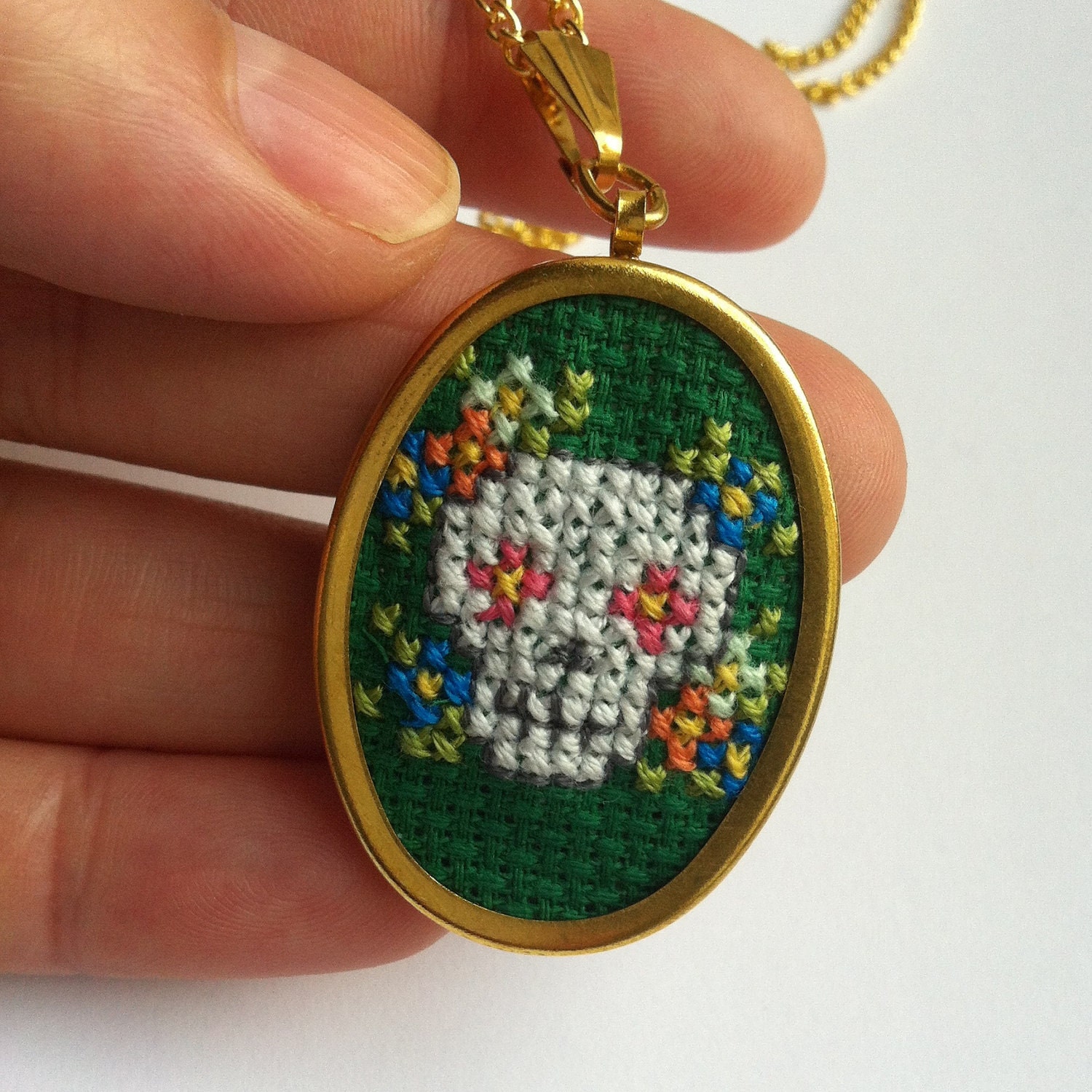 Day of The Dead Mexican Sugar Skull Necklace in Gold and Green