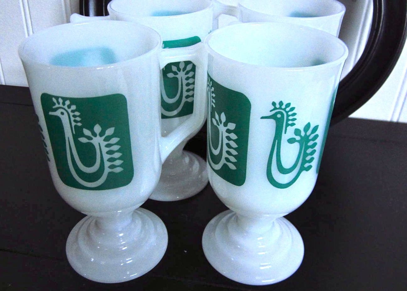 Vintage Teal/Turquoise  White Milk Glass  Rooster Footed Mugs  Set of 4