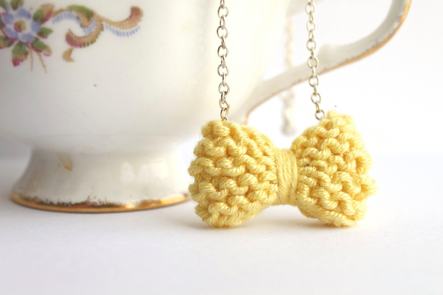 Yellow bow tie necklace knitted  - READY TO SHIP