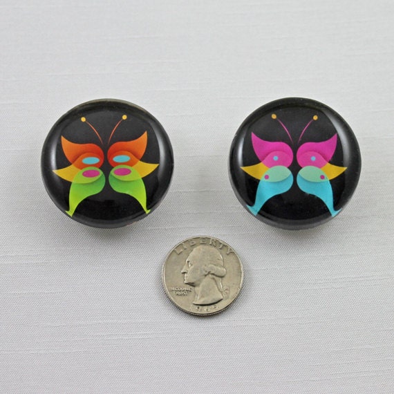 Butterfly Bright Modern Glass Magnets - Set of 2 - Pink Green Blue Gold Orange