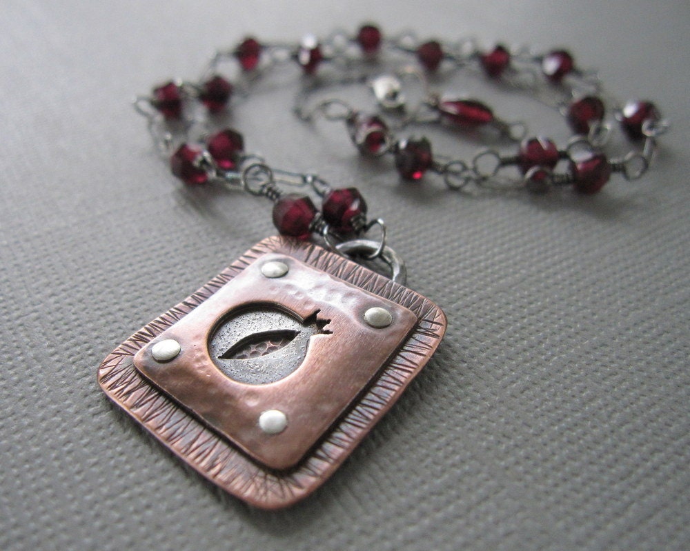 Pomegranate Garnet Mixed Metal Necklace Copper Sterling Silver Judaica