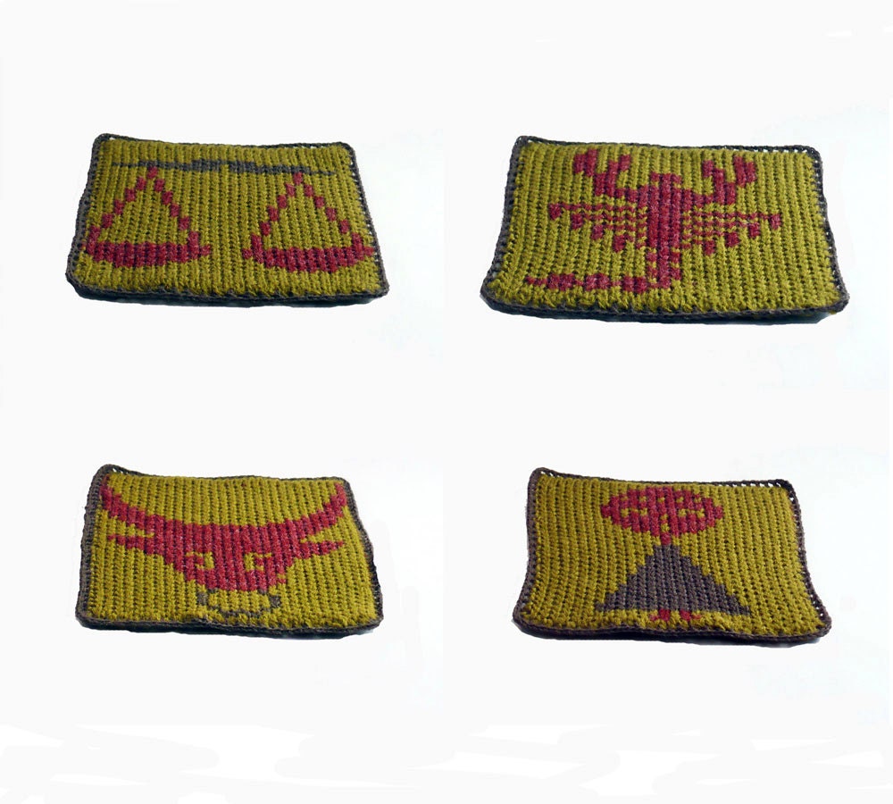 Signs of the Zodiac Knit and Crochet Coasters Set of 4 Olive Green Brown Rust Gift Set