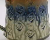 Mug with stamps handmade wheel thrown cinnamon brown blue fern green porcelain by Mark Hudak