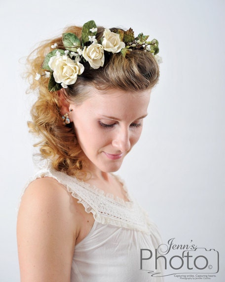 hair bridal accessories,Ivory Cream velvet Bridal floral headpiece with velvet ivy, berries, forget me not's and velvet roses