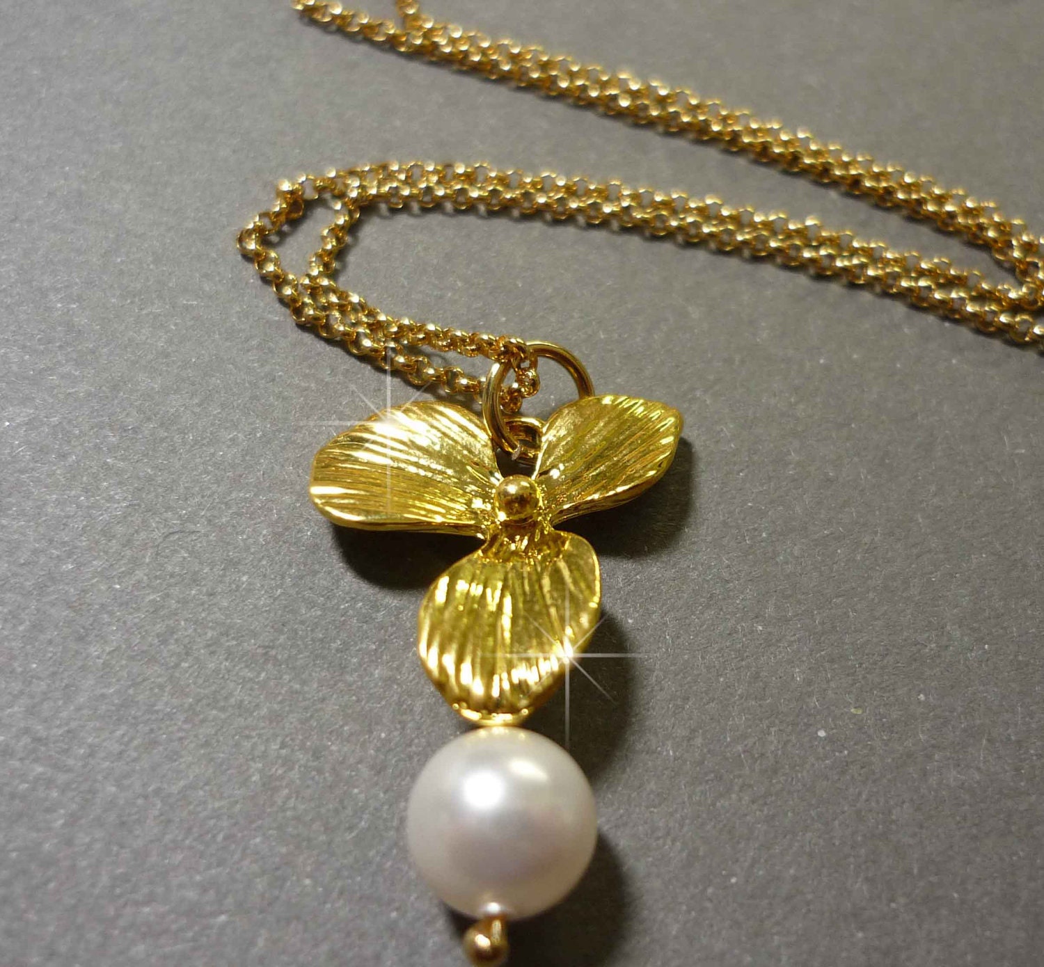 Gold Orchid Necklace,  Orchid and Pearl Necklace, FREE SHIPPING