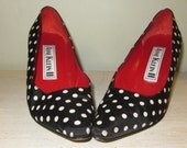 Vintage 1980s Polka Dot Pumps in Black and White Silk, Anne Klein II, 9