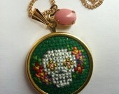 Mexican Day of the Dead Sugar Skull Cross Stitch Necklace in Green and Gold