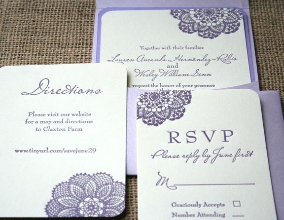 Lace Letterpress Rustic Wedding Invitation: purple, cream, blue, or any colors