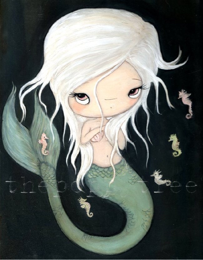 Mermaid Seahorse Painting---The White Mermaid Original Painting 9 x 12