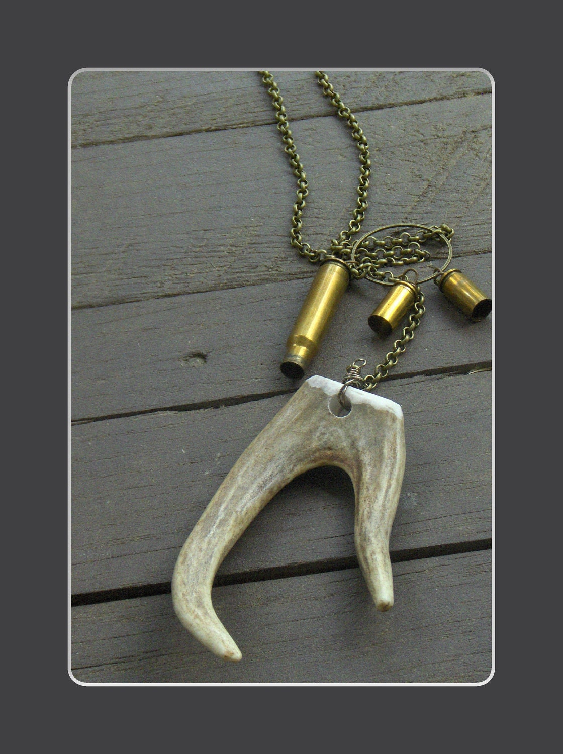 The Hunter and The Hunted. Stole, Lariat Forked Tines Deer Antler and gun bullet shells necklace