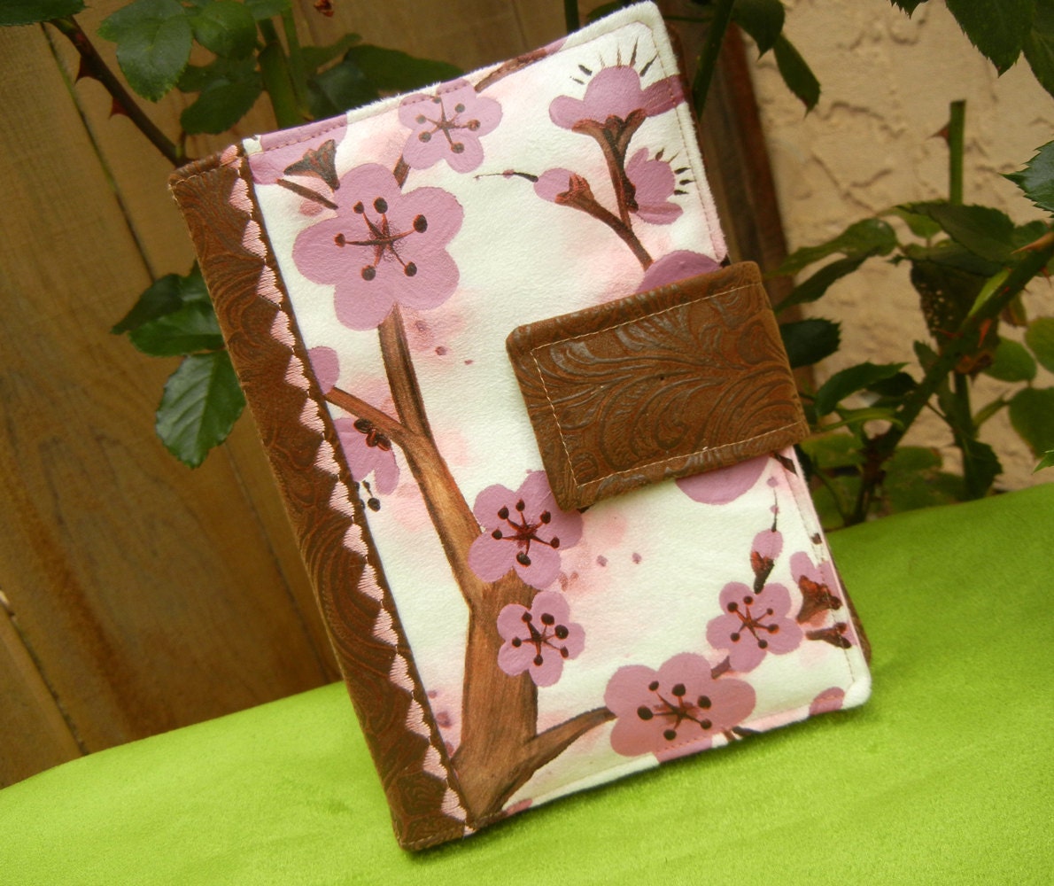 Premium Kindle 4 Cover, Nook Cover, e-reader Cover-White Suede Padded Book Style Cover Hand Painted with Cherry Blossoms