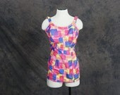 vintage 60s Bathing Suit - Mod Pink and Blue Squares One Piece Swimsuit Sz L