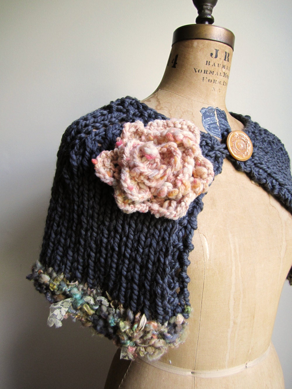 Knit capelet. Grey. Peach.  Wearable Art