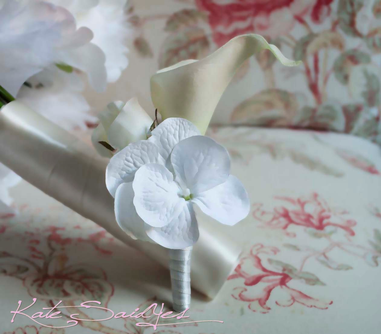 Ivory Calla Hydrangea Rose Wedding Boutonniere Real Touch