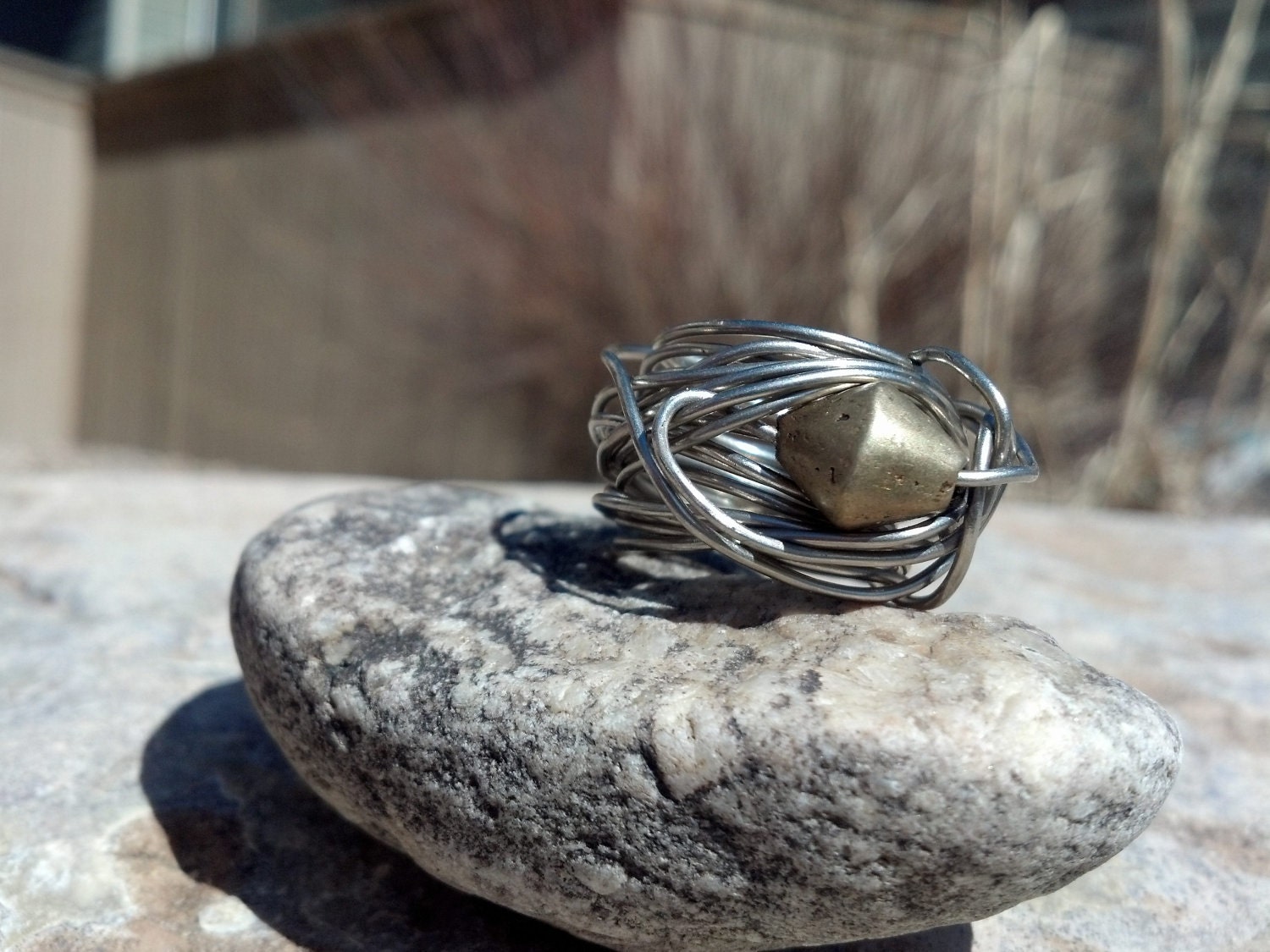 Nigerian Brass and Alpaca Silver  Wide Band Nebulus Ring size 8