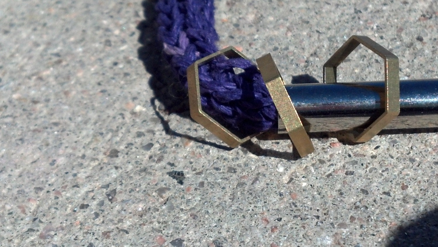 Hemp and Brass Necklace.. Purple with Vintage Hexagon Charms Steel Tube