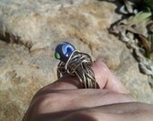 SALE Blueberry Vine Ring. Alpaca Silver with handmade Glass Bead US size 6 ooak unique