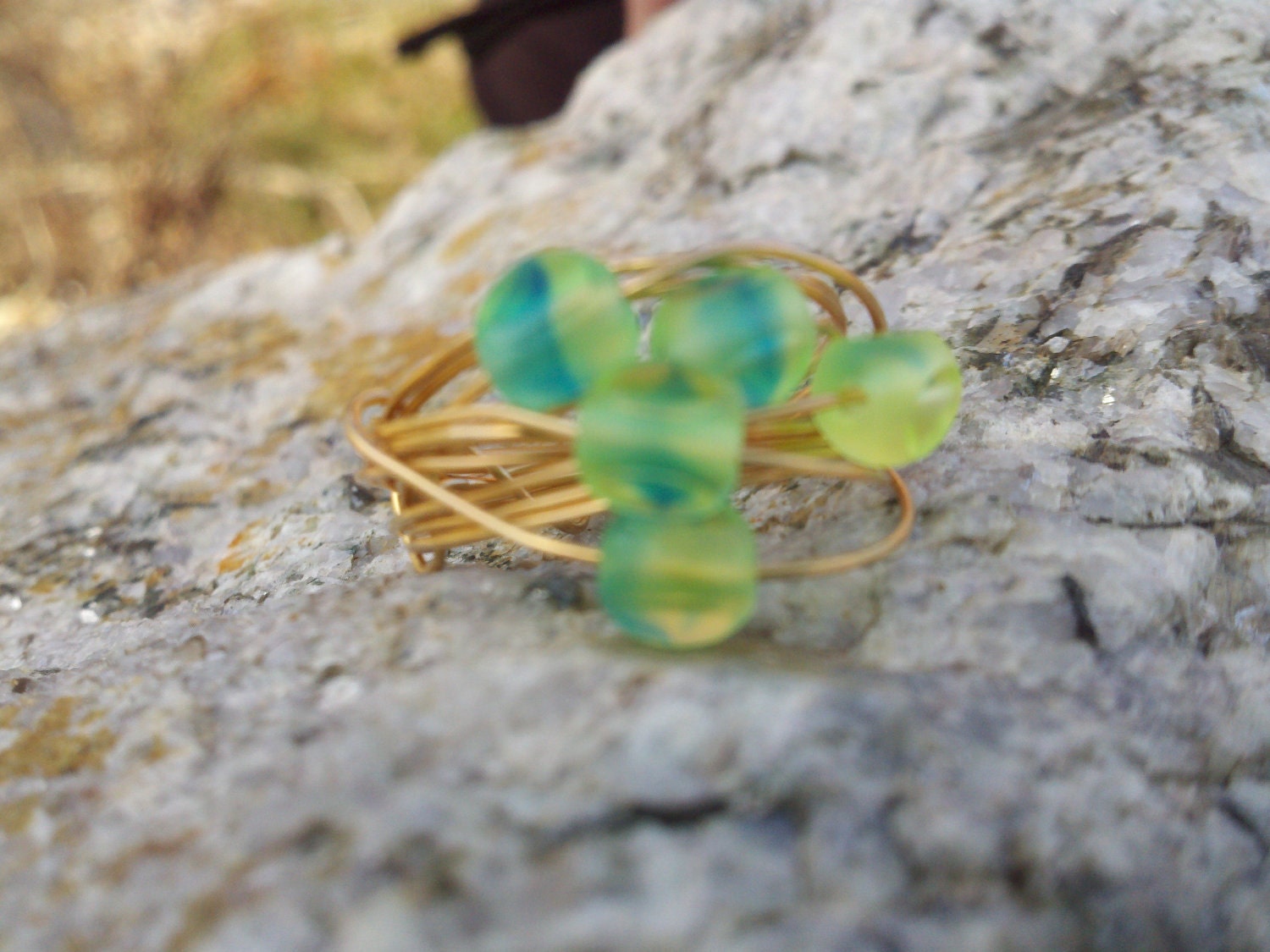 5 Islands Ring Aqua and Lime merlins gold wrapped ring size 9