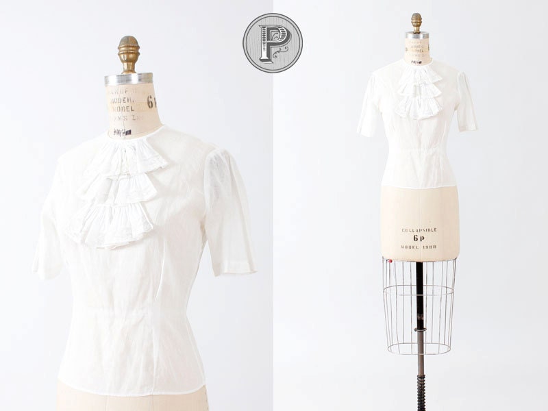 blouse small / edwardian white blouse lace ascot button up : White Rabbit