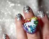 I Love Unicorns and Rainbows... a sparkly heart resin glitter ring to match my pendant necklace by isewcute