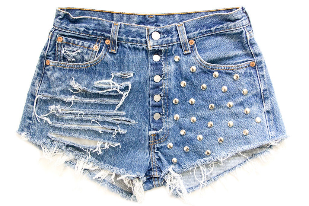 Studded Shorts, Vintage Distressed High Waisted Denim W30