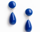 80s Vintage Clip-On Earrings Blue Teardrop Mad Men