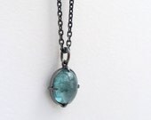 Aqua Tourmaline Cabochon Minimal Pendant Oxidized Sterling