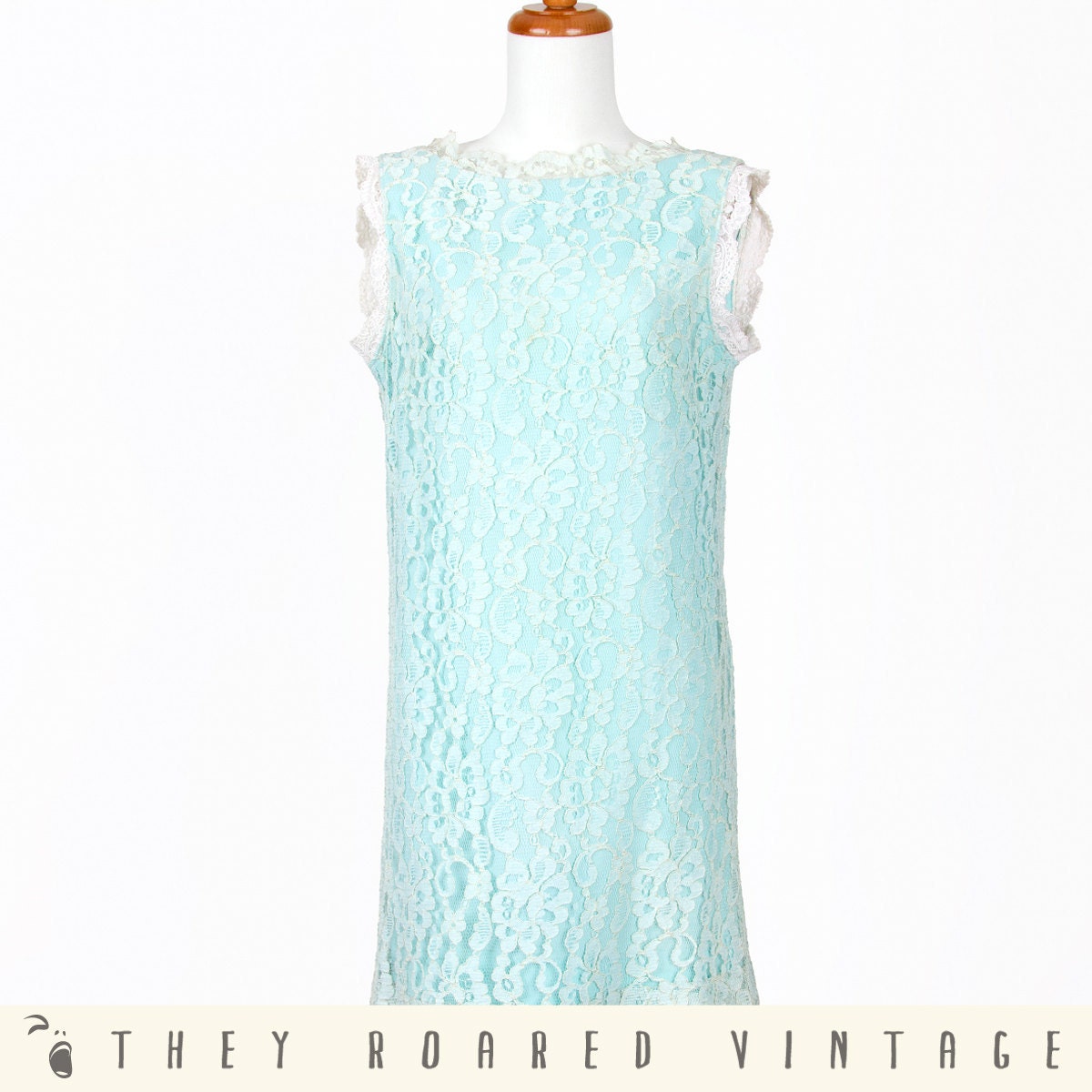 60s Mini Dress Lace Mod Blue Vintage Floral Go Go Aqua Medium Large