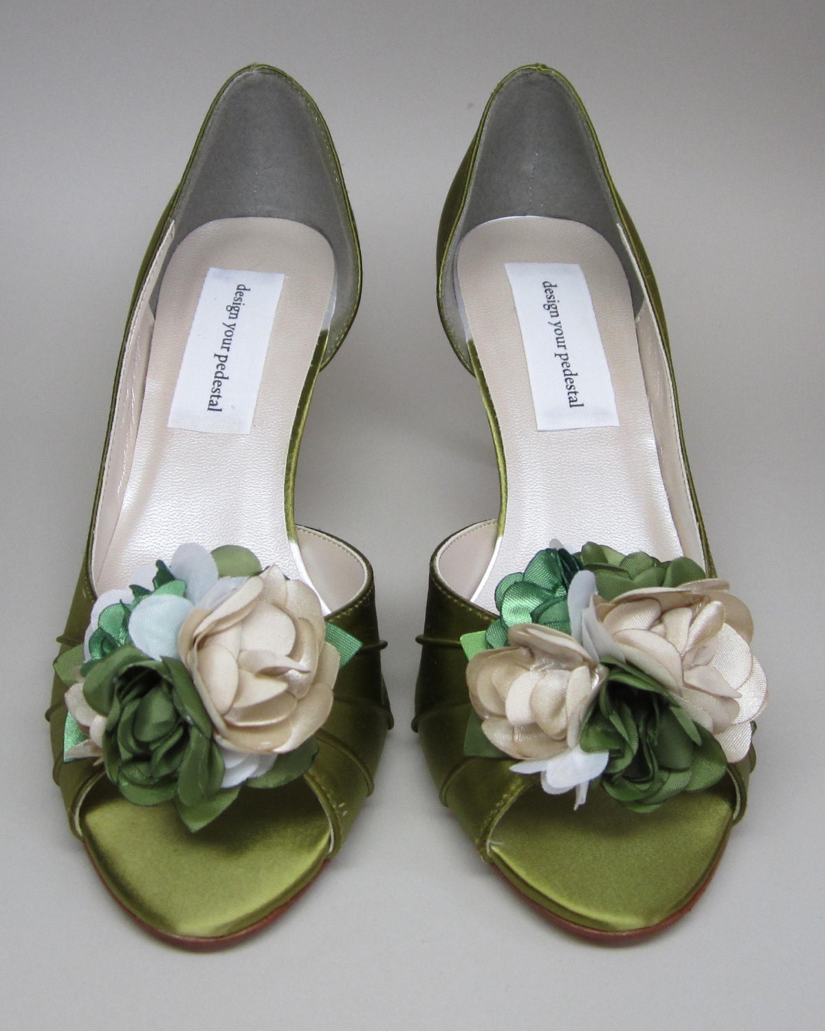 Custom Wedding Shoes -- Sage Green Peeptoe Wedding Heels with Handmade Flower Adornment