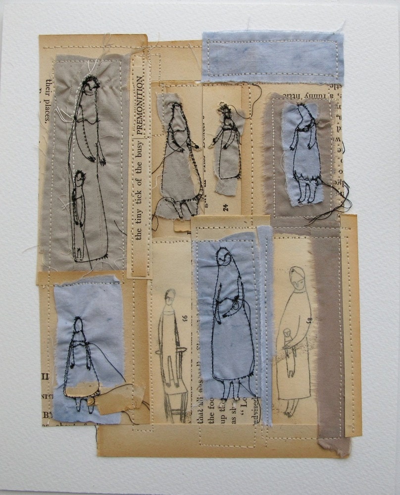 the tiny tick tock of the busy premonition - an original mixed media collage - embroidery artwork