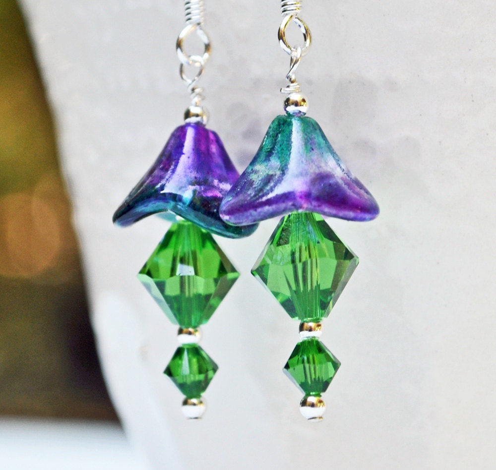 Green and Purple Crystal Dangle Earrings - GemIslandJewels