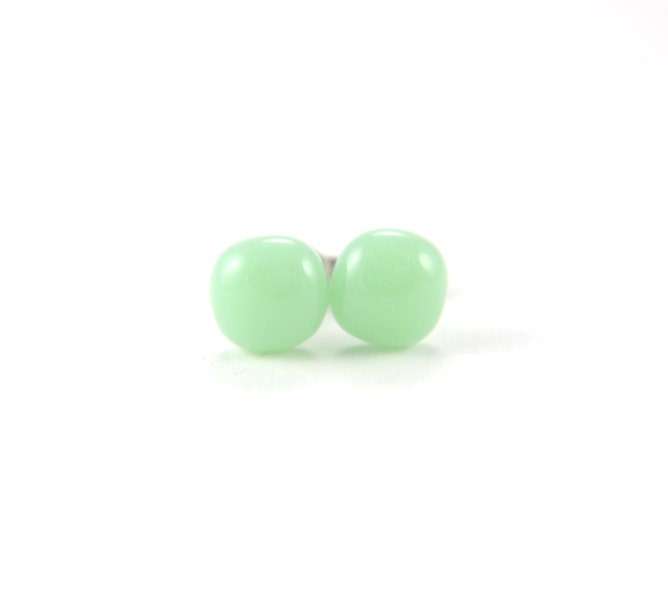 Soothing mint green fused glass square stud earrings with surgical steel earring posts - PannaKotta