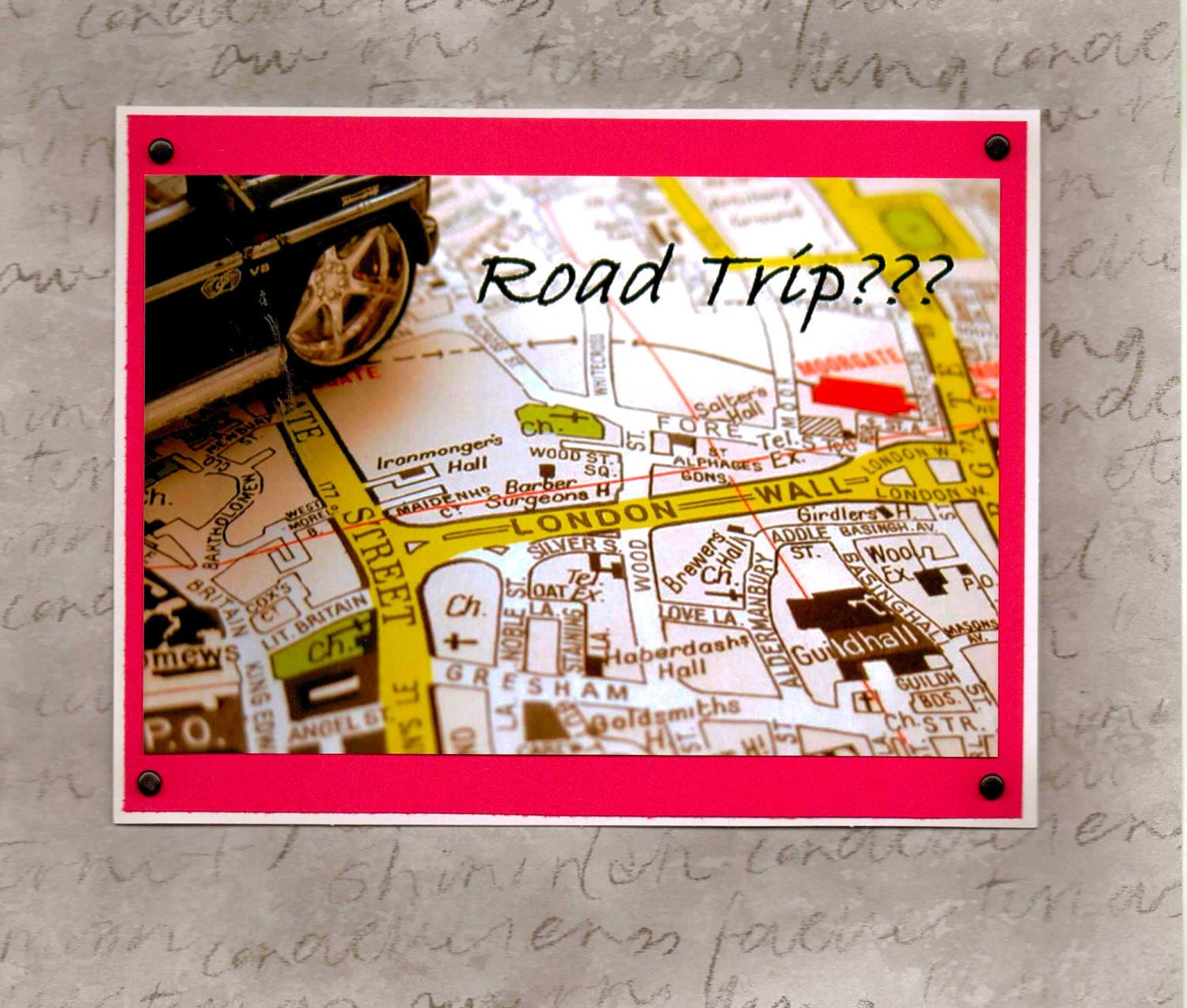 Handmade Vintage Greeting Card with 1960's London Road Map-Road Trip Invite-Girlfriends Getaway Weekend