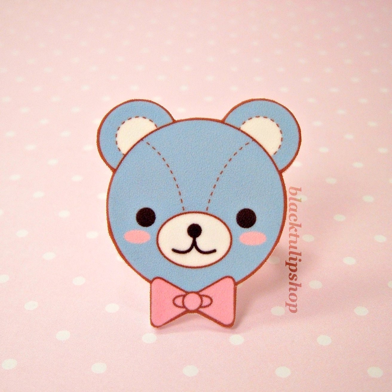 Kawaii Toy Teddy Blue Bear With Pink Bow Tie Lolita Sweet Adjustable Ring