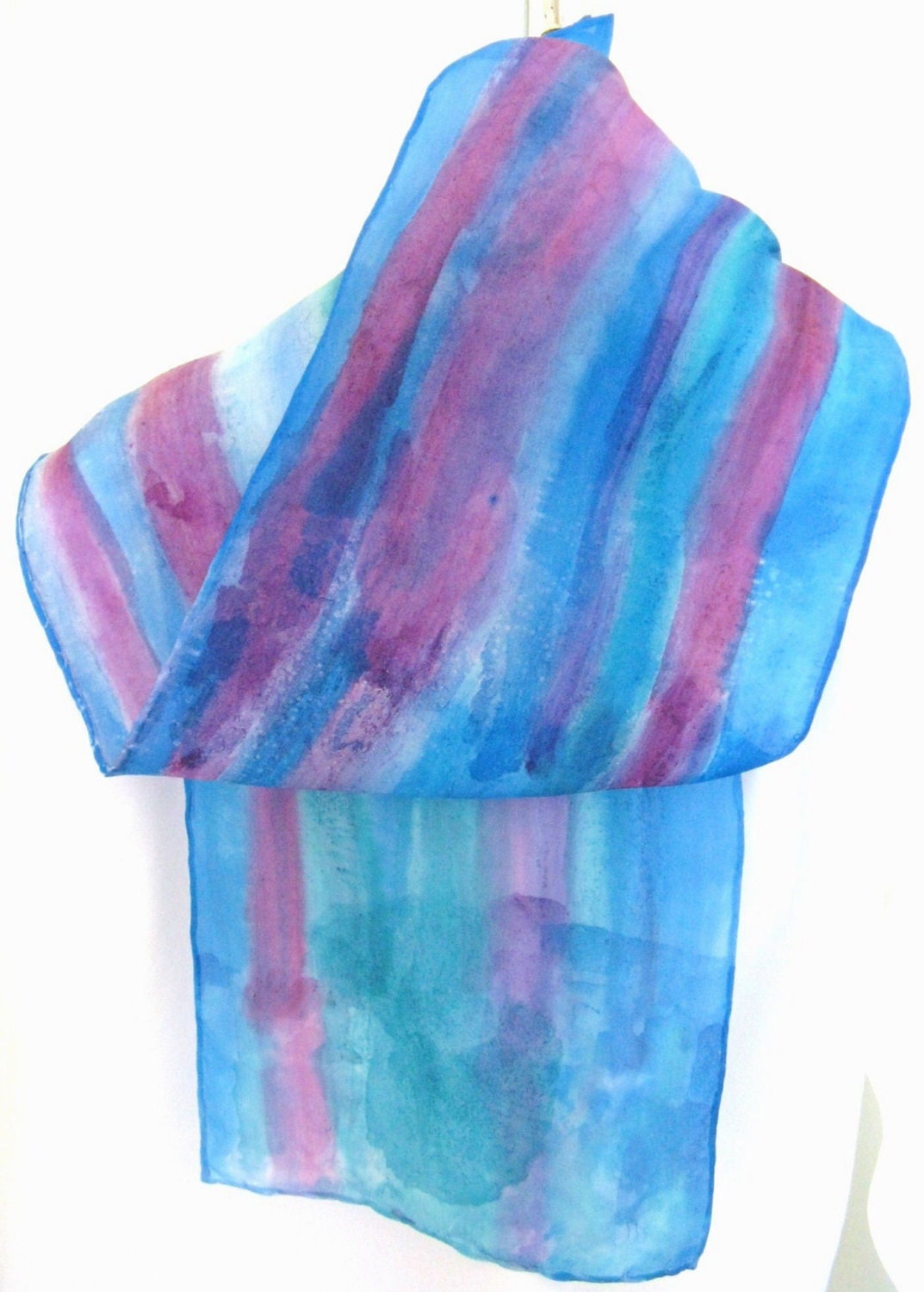 Raspberry blue abstract striped silk scarf - SilkDesignByJane