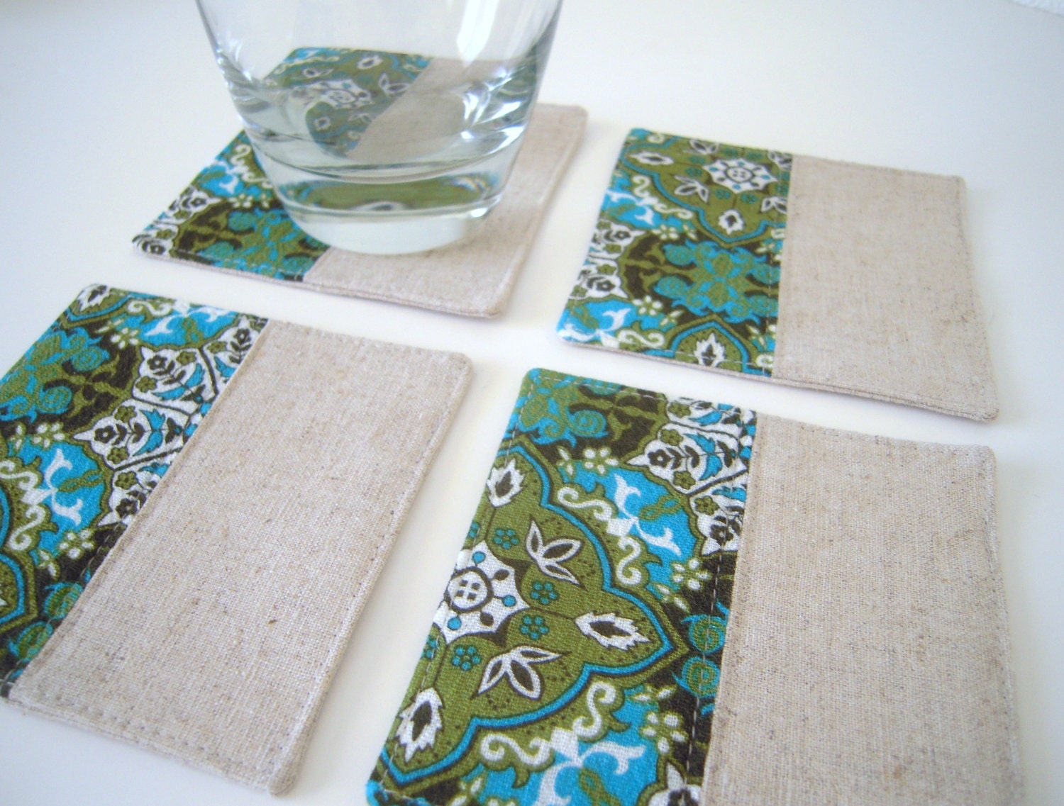 Set of Green Flower x Natural Linen Coasters