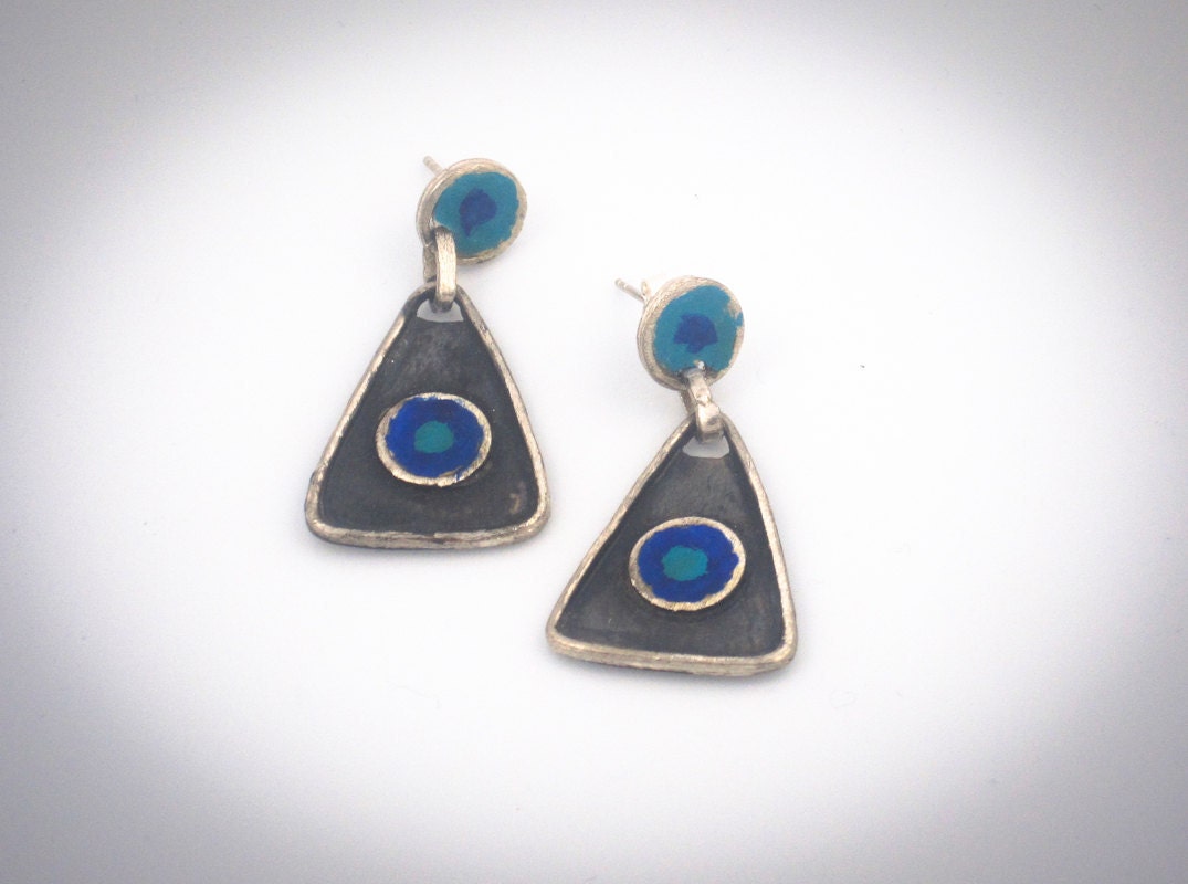 Blue Triangle Earrings - Primitive Design - Sterling Silver - serpilguneysudesigns