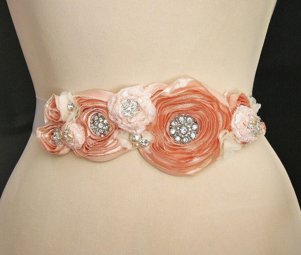 Peach Floral Sash, Belt, Beaded Sash, Bridal Sash, Wedding Belt, Bridal, Wedding,  Accessories, Sash, Belt