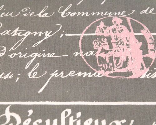 Home Dec Fabric Yardage - Penmanship French Script  - Premier Prints Designer -Gray, Pink and White- 1 Yard