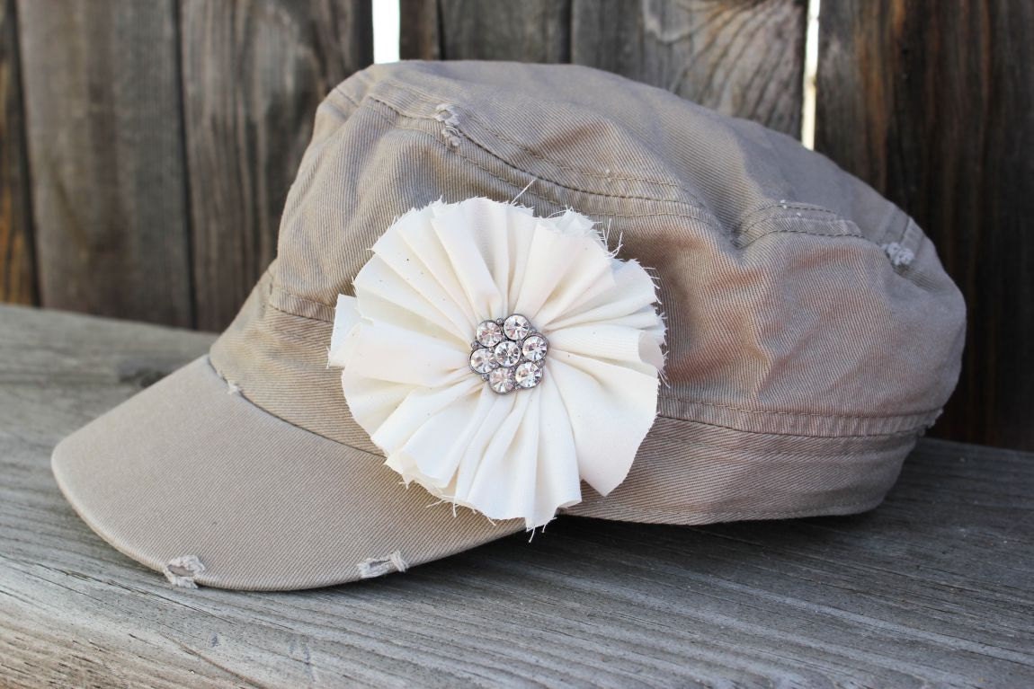 Womens Distressed Military Hat, womens hat, womens khaki hat, hats, cadet hat, cadet hat