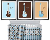 Guitar Art Children's Art Prints in Blue, Brown, Blue, Aqua and Oatmeal 3 pc set 11x14 For Bacati Mod Bedding by Yassisplace.etsy.com