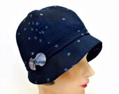 1920s Cloche in Inky Blue Linen with Vintage Shell Buckle