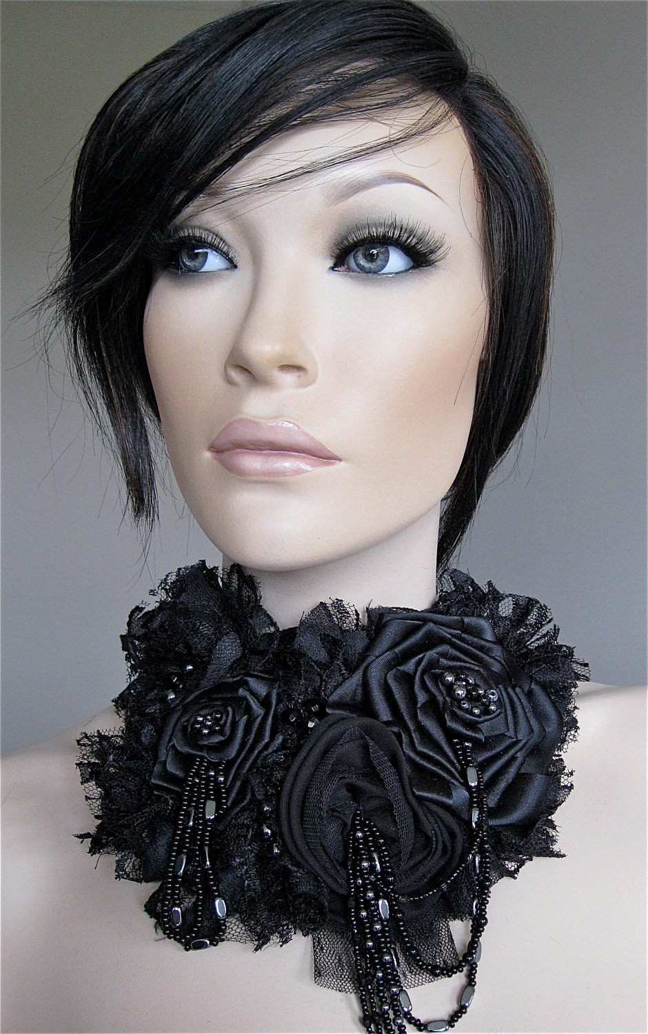 Black Widow:Shabby Chic Statement Fabric  Bib Necklace