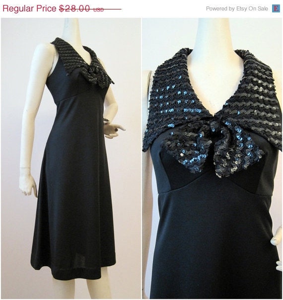 SALE 70s Dress Vintage Black Sequin Huge Bow Cocktail Party Disco M