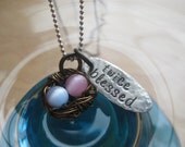 Twice Blessed Birds Nest Necklace With 2 Eggs Pink Blue
