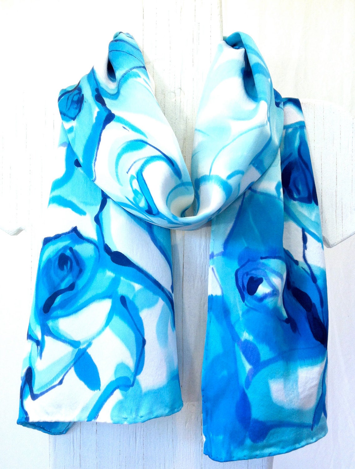 Hand Painted Silk Scarf, Sapphire Blue Roses Scarf. Handmade Silk Scarf. Silk Charmeuse Scarf. Blue Silk Scarf. 15x60 in.