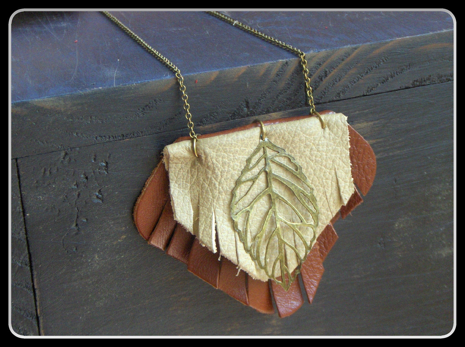 Chun Wakan. Ancient Tree Spirit. Rustic Rust red and taupe Leather and brass leaf necklace. Handmade by Gray Wolf's Mother.